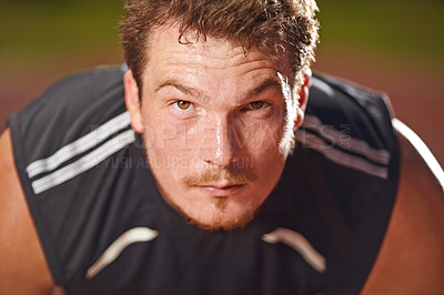 Buy stock photo Fitness, portrait and tired man outdoor for training, break or intense cardio recovery. Face, mindset and serious male runner outside with sports, focus or breathing with resilience for marathon race