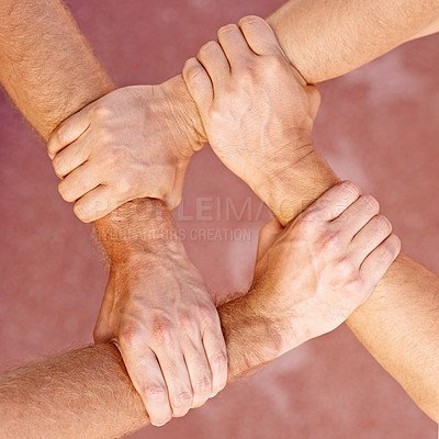 Buy stock photo Fitness, hands and team with support, partnership or sports motivation at exercise court from above. Unity, power and athletic people in solidarity for game, match or workout, goal or teamwork
