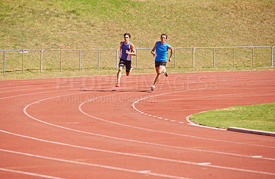 Buy stock photo Running, race track and fitness men outdoor for marathon, training or intense morning cardio. Exercise, action and runners at sports stadium for athletic contest, speed or performance challenge