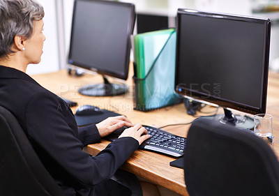 Buy stock photo Business woman, computer and typing in an office with email, blank monitor and internet at company. Desktop, professional and female person with technology of website manager at a desk with worker