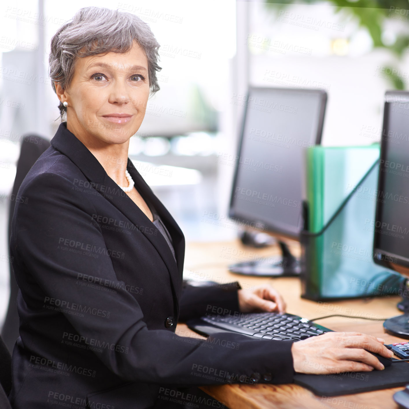 Buy stock photo Business woman, portrait and senior professional in office with manager at computer with a smile for digital work. Tech, desk and happy executive with online job and confidence from accountant career