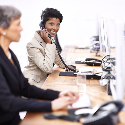 Buy stock photo Business woman, portrait and telemarketing phone call with communication and smile from work. Crm, internet and support with computer and professional African female employee with talking in office