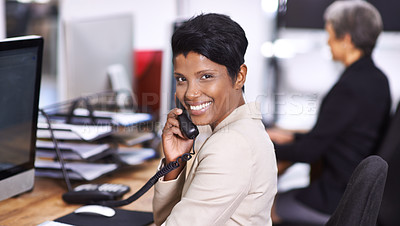 Buy stock photo Black woman, portrait and phone consultation in a call center office with typing, web advice and crm at company. Conversation, professional and Indian female person with technology of telemarketing