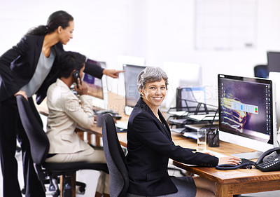 Buy stock photo Business woman, portrait and coworking in an office with computer, employees and internet at company. Desktop, professional and female person with technology of website manager at a desk with worker