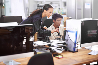 Buy stock photo Corporate, teamwork and business women on computer in office for consulting, advice and help for project. Collaboration, discussion and worker with boss for working online, feedback and web research