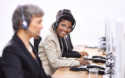 Buy stock photo Portrait, call center and happy woman in office consulting for lead generation, contact us or faq. Telemarketing, face and female consultant with microphone for customer support, help or b2b service