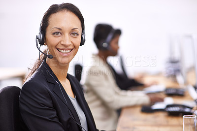 Buy stock photo Call center, portrait and happy woman in office consulting for lead generation, contact us or faq. Telemarketing, face and female consultant with microphone for customer support, help or b2b service