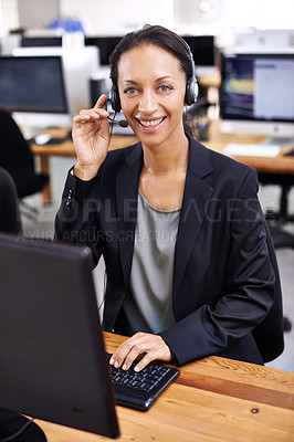 Buy stock photo Call center, portrait and woman in office consulting for lead generation, contact us or faq. Telemarketing, face and happy female consultant with microphone for customer support, help or b2b service