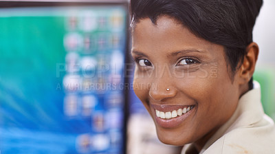 Buy stock photo Business woman, portrait and digital administrator at a computer with smile and ready for work. Tech, desk and happy african female professional with online job and confidence from admin career