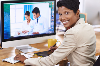 Buy stock photo Black woman, portrait and editor worker at computer with a smile and ready for digital photo editing. Tech, desk and professional with online job and confidence from company and creative career