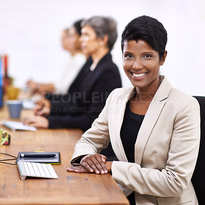Buy stock photo Happy woman, portrait and professional with confidence at office for business, design or creative startup. Face of female person, agent or employee with smile, career ambition or agency at workplace