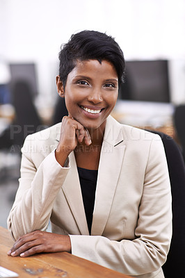 Buy stock photo Happy woman, portrait and business with confidence for career, startup or job at the office. Face of young female person or employee with smile, positive attitude or ambition in pride at workplace