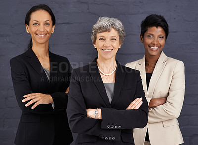 Buy stock photo A shot of three happy businesswomen smiling at the camera