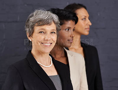 Buy stock photo Team, professional and portrait of business woman with staff, employees and diversity in corporate career. People, management and leadership together for job in banking, finance and investment