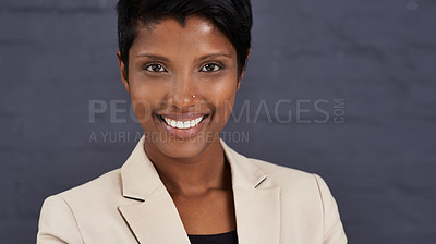 Buy stock photo Indian woman, portrait and corporate professional with smile, pride and ambition with confidence on wall background. Happy in career, job satisfaction in business and real estate agent in Mumbai