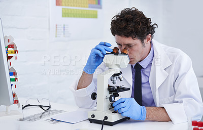 Buy stock photo Microscope, research and man scientist in office for medical, inspection or experiment investigation. Science, healthcare and male health expert with virus, bacteria or study, testing or dna analysis