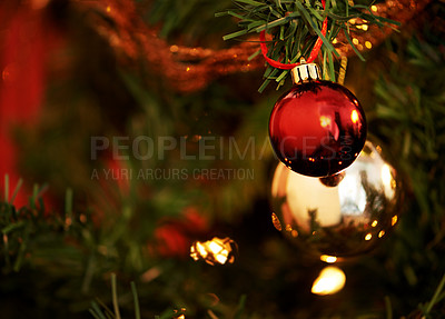 Buy stock photo Closeup shot of Christmas decorations on a tree