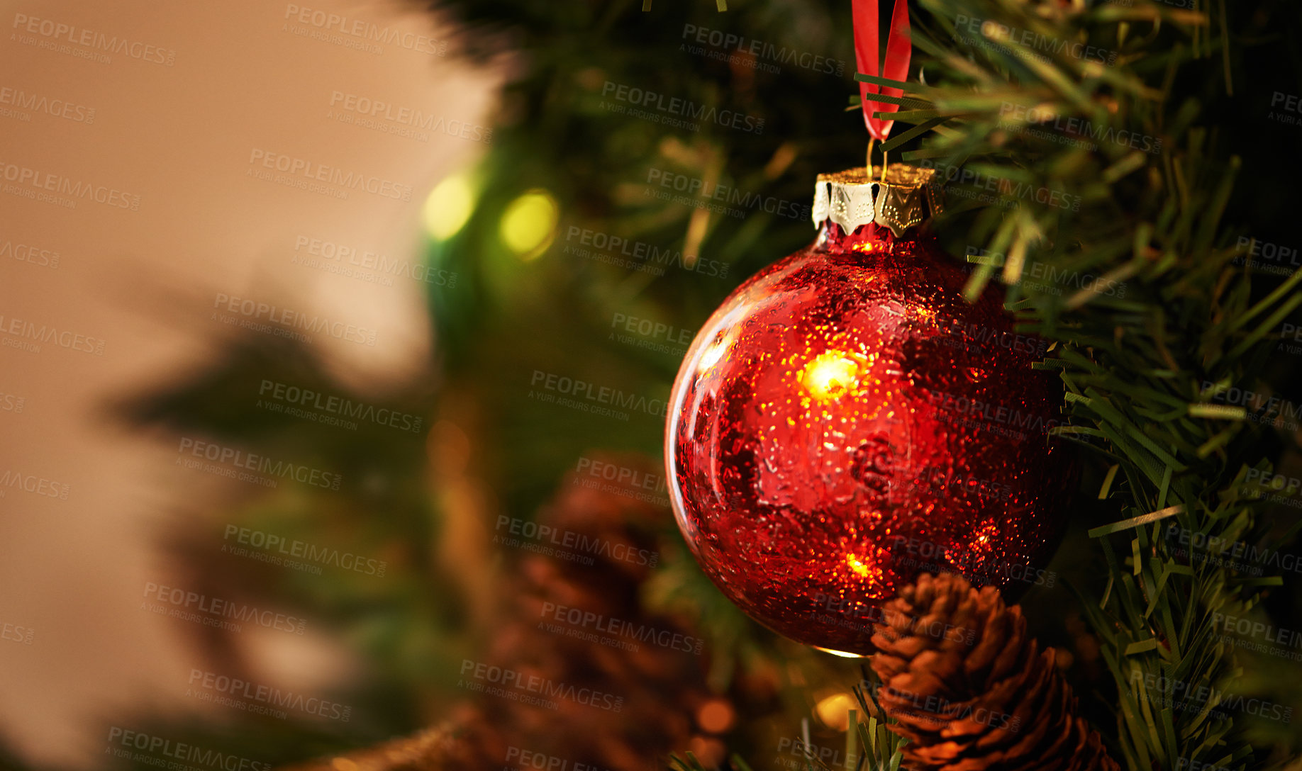 Buy stock photo Christmas, tree and red ornament for holiday, celebration and closeup with tradition or festive season at home. Decorations, detail and event with glitter ball, circle or sphere for xmas background