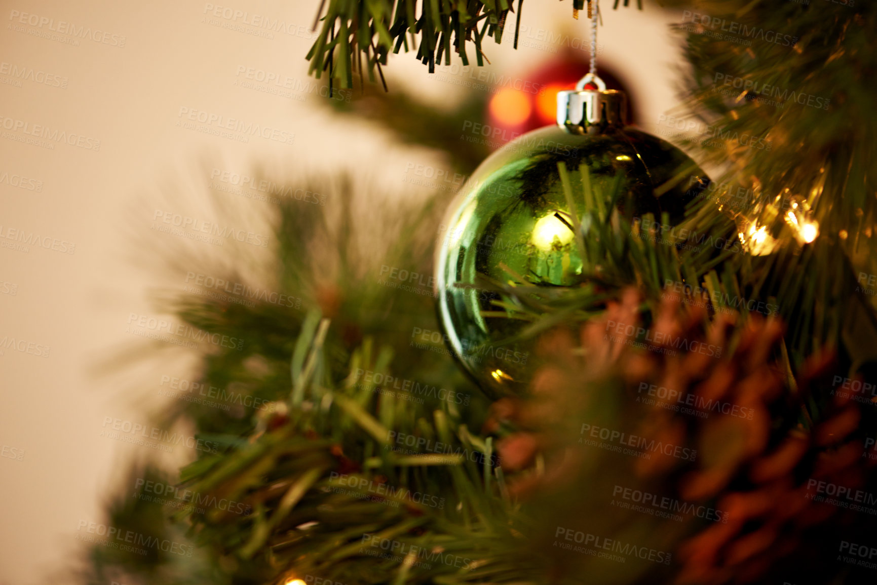 Buy stock photo Christmas, tree and green ornament for holiday, celebration and closeup with tradition or festive season at home. Decorations, detail and event with ball, circle or sphere for xmas background