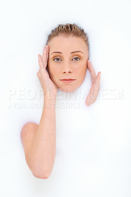 Buy stock photo Woman, portrait and milk or relax in bath for skincare, beauty and moisturize on white background. Female person, luxury spa treatment and pamper for soft skin, dermatology and cosmetics for body