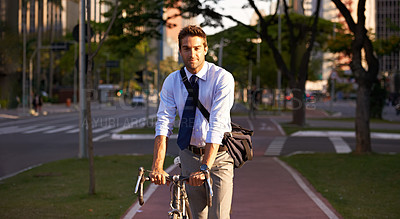 Buy stock photo Bicycle, city and portrait of businessman for travel, morning commute and walking to work. Professional, journey and person with bike for cycling, sustainable and eco friendly transport in town