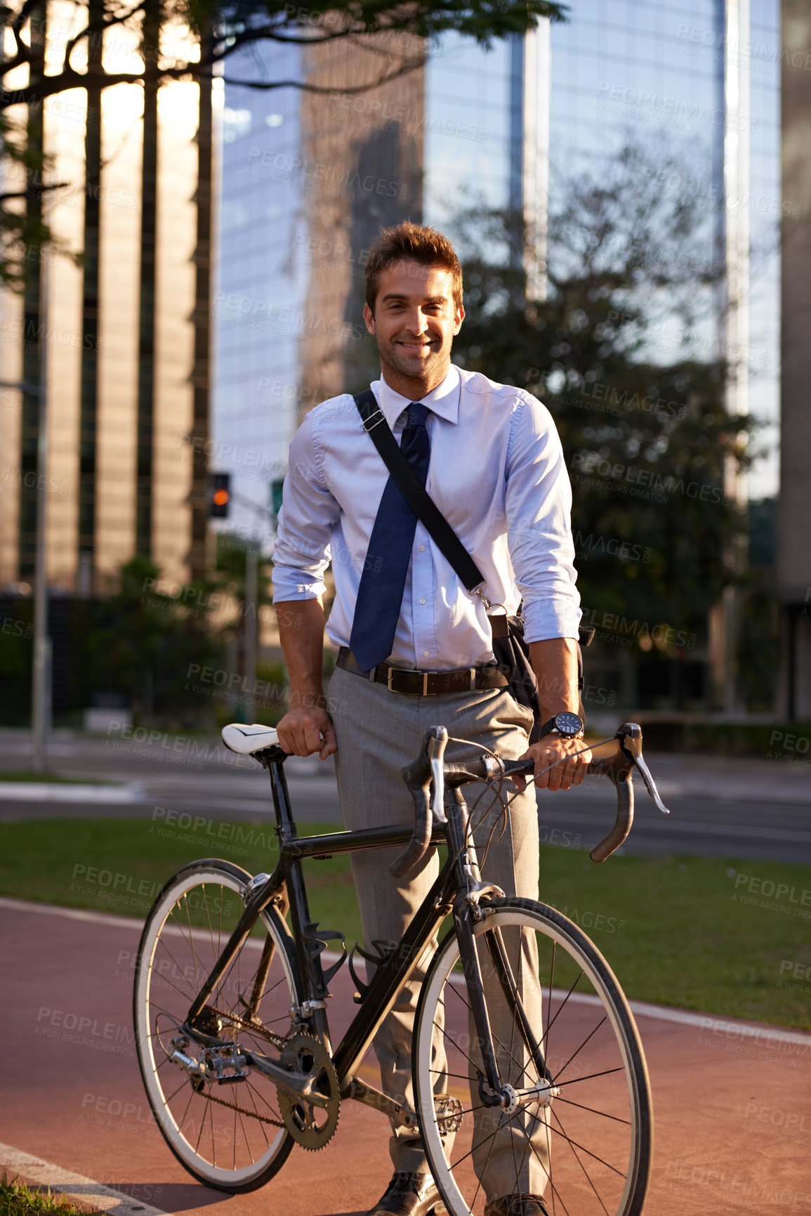 Buy stock photo Bicycle, city and portrait of business man in street for travel, morning commute and walking to work. Professional, urban town and person with bike for cycling, sustainable and eco friendly transport