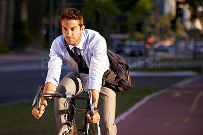 Buy stock photo Bicycle. cycling and business man in city for travel, morning commute and journey to work. Professional, urban town and person with bike for carbon neutral, sustainable and eco friendly transport