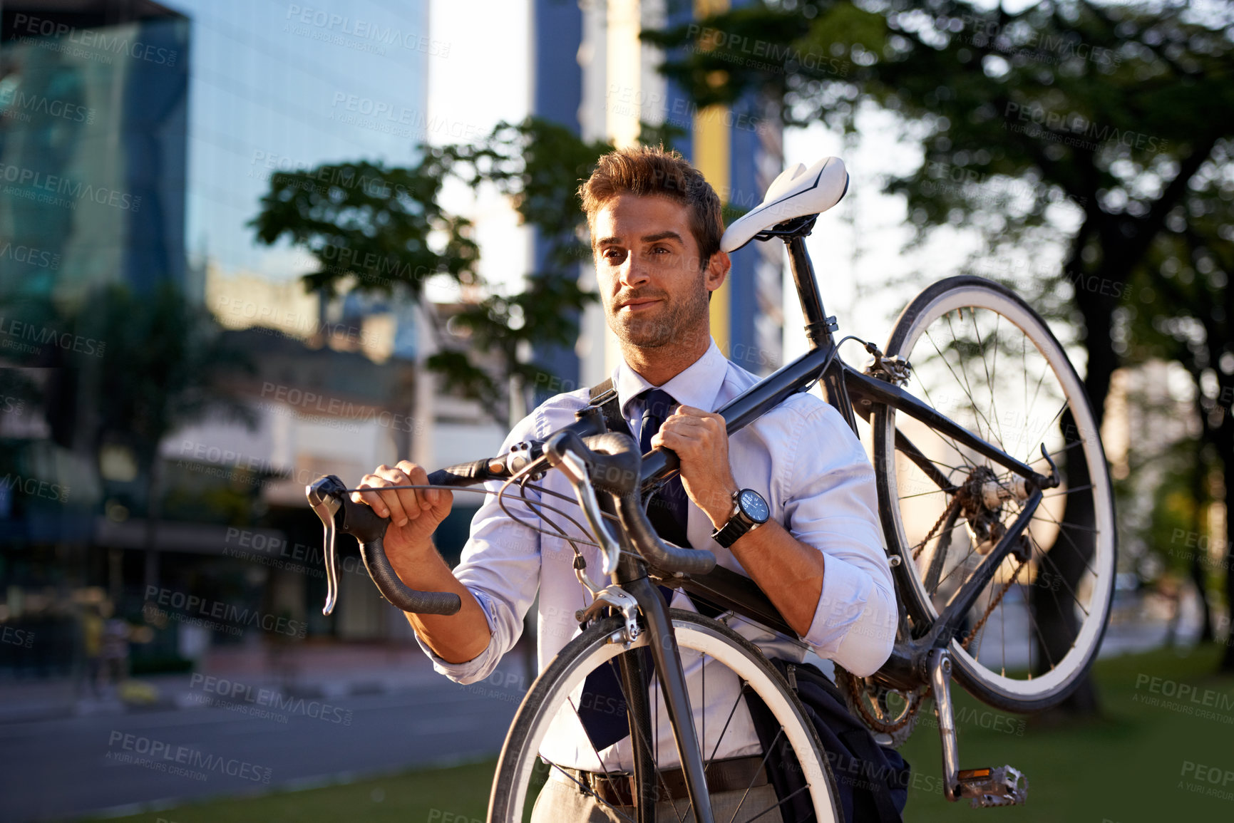 Buy stock photo Morning, business man and bicycle for transportation, commute and carbon neutral in city. Professional, sustainable and male worker walking with bike for travel, journey or eco friendly in urban town