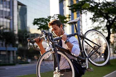Buy stock photo Morning, business man and bicycle for commute, transportation and carbon neutral in city. Professional, sustainable and male worker walking with bike for travel, journey or eco friendly in urban town