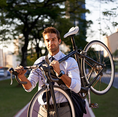Buy stock photo Bicycle, portrait and business man for commute, transportation and carbon neutral in city. Professional, sustainable and face of male employee walking with bike for travel, journey or eco friendly
