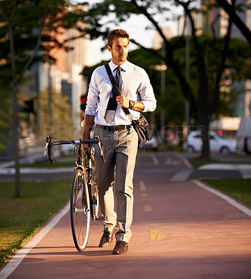 Buy stock photo Bicycle, walking and business man in city for travel, morning commute and journey to work. Professional, urban town and person with bike for cycling, sustainable and eco friendly transport in street