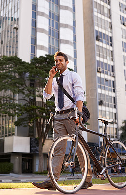 Buy stock photo Bicycle, phone call and business man in city for travel, morning commute and walking to work. Professional, bike and person talk on smartphone for cycling, sustainable and eco friendly transport