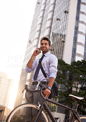 Buy stock photo Bicycle, phone call and portrait of business man for travel, morning commute and cycling in city. Professional, communication and person with bike for sustainable transport on smartphone for talking