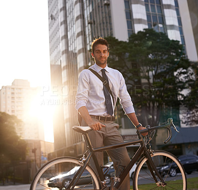 Buy stock photo Cycling, portrait and business man in city for commute, carbon neutral and transportation. Sustainable, professional and travel with male employee walking with bike in urban town for journey and trip