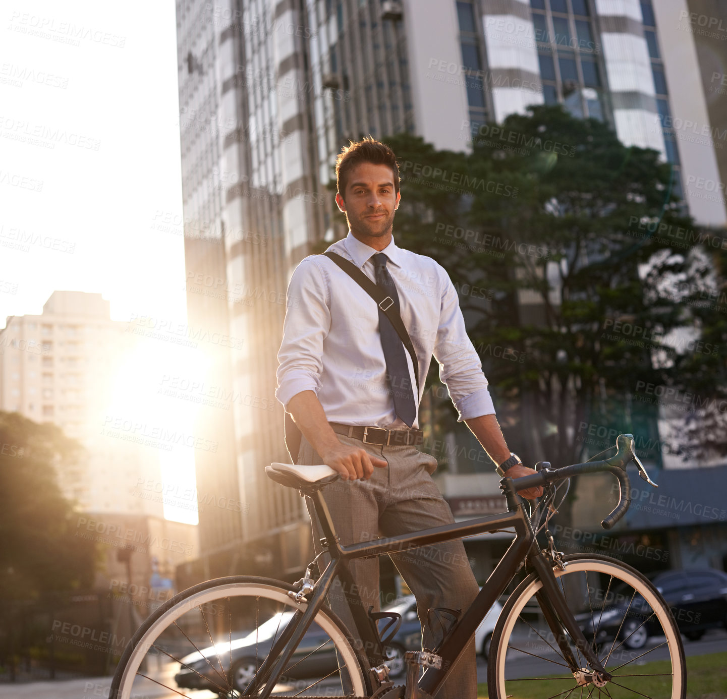 Buy stock photo Cycling, portrait and business man in city for commute, carbon neutral and transportation. Sustainable, professional and travel with male employee walking with bike in urban town for journey and trip