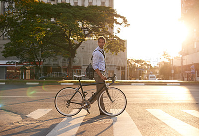 Buy stock photo Morning, bike and business man in city for commute, travel and carbon footprint. Cycling, transportation and urban with male employee walking on crosswalk for journey, transit and professional