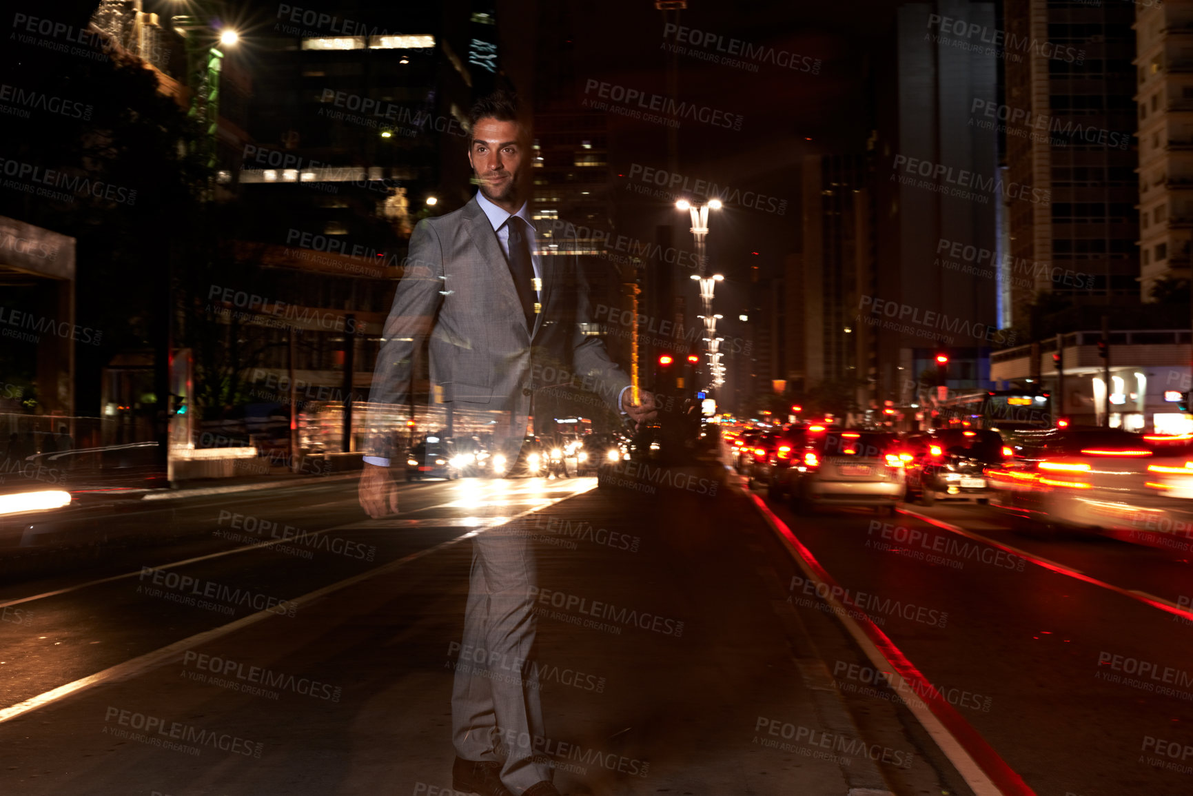 Buy stock photo A transparent businessman walking across a busy city street at night