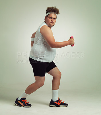 Buy stock photo Man, lunge and dumbbell in studio for portrait, plus size and exercise for weight loss on background. Male person, training and gym equipment for strength, challenge and body development in workout