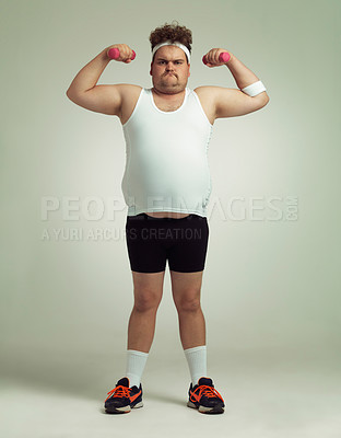 Buy stock photo Plus size, man and studio workout and dumbbells, flex and weight loss or health and energy. Diet, training for wellness and male person, isolated on white background for body positivity or strength