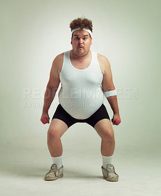Buy stock photo Man, portrait and dumbbell in studio for squat, plus size and exercise for weight loss on background. Male person, training and gym equipment for health, challenge and body development for fitness