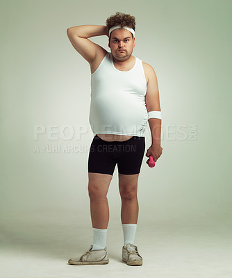 Buy stock photo Man, portrait and dumbbell in studio for workout, plus size and exercise for weight loss on background. Male person, training and gym equipment for health, challenge and body development for fitness