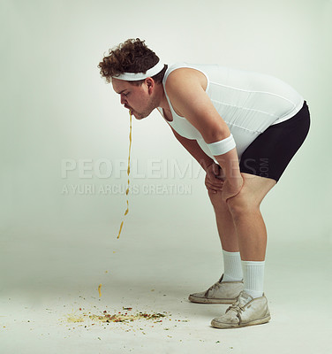 Buy stock photo Overweight man getting sick after doing exercise