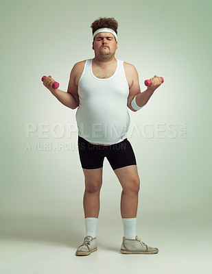 Buy stock photo Plus size, man and dumbbells for exercise, training or workout in studio isolated on a white background mockup space. Body health, fitness and person weightlifting for weight loss, muscle or strength