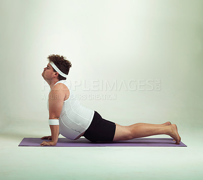 Buy stock photo Man, plus size and stretch with mat in studio on white background with exercise or workout and fitness. Healthy, lifestyle and progress with body positivity for self care, wellness and wellbeing 