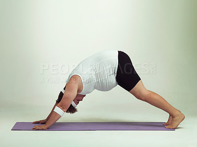 Buy stock photo Man, plus size and exercise with mat in studio on white background with stretching or workout and fitness. Healthy, confident and progress with body positivity for self care, wellness and wellbeing 