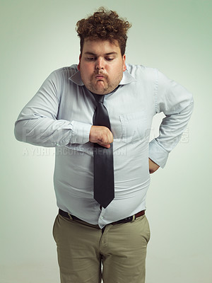 Buy stock photo Plus size, sick and man with vomit, abdomen and unhealthy with double chin, stomach and fat in body. Ill, male person and guy retching in studio, professional and suit for work, adult and employee