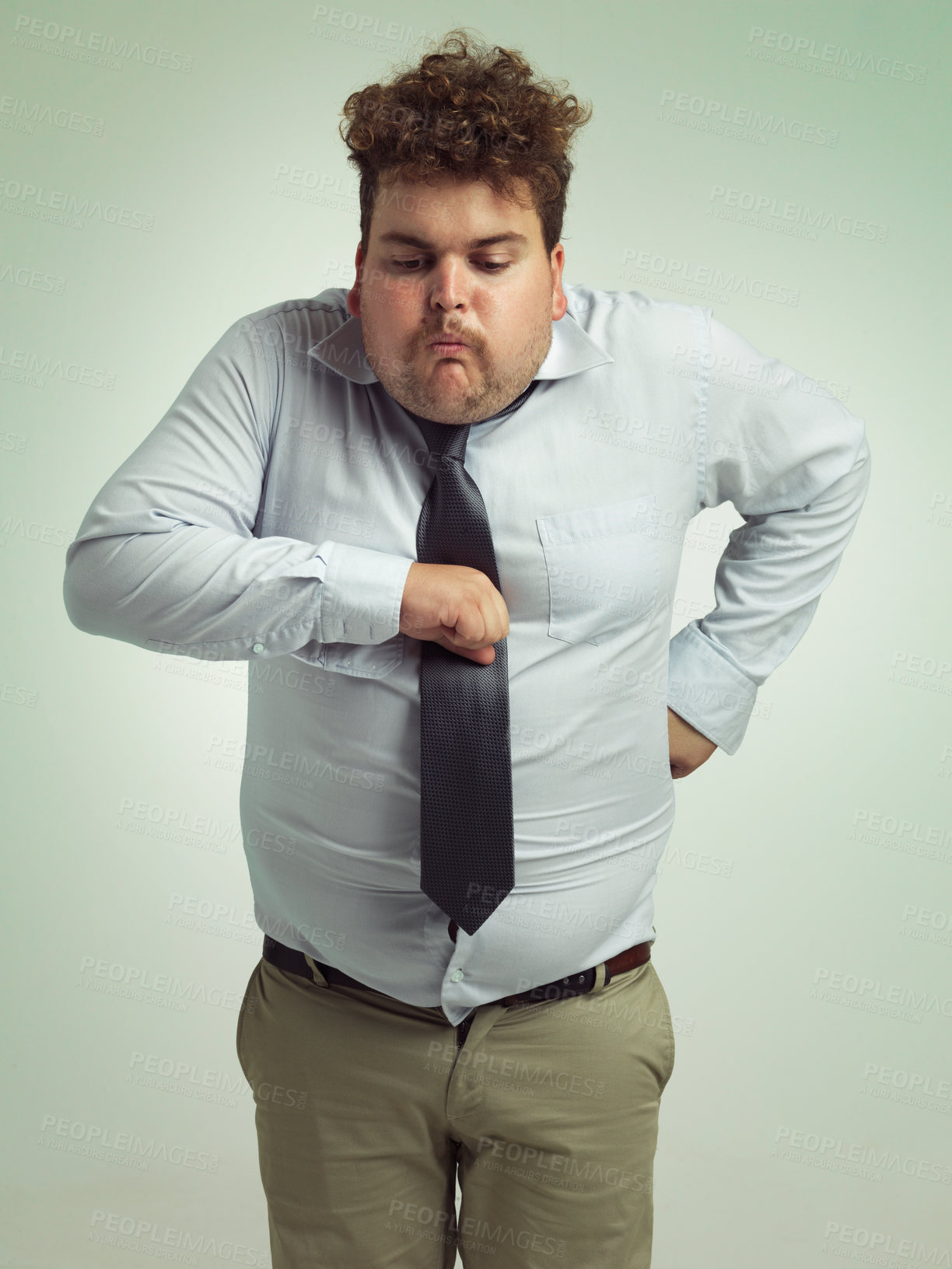 Buy stock photo Plus size, sick and man with vomit, abdomen and unhealthy with double chin, stomach and fat in body. Ill, male person and guy retching in studio, professional and suit for work, adult and employee