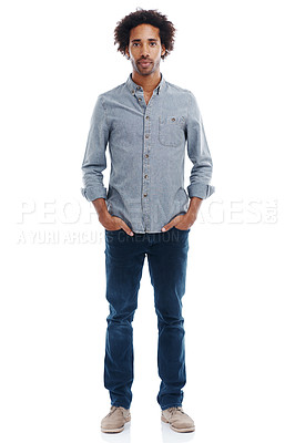 Buy stock photo Portrait of a handsome man in studio with his hands in his pockets isolated on white