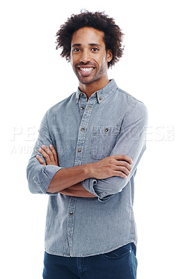 Buy stock photo Man, portrait and smile confidence in studio as creative designer for small business, entrepreneur or white background. Male person, face and arms crossed for career growth, relaxed or mockup space