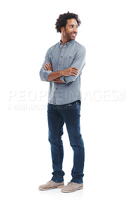 Buy stock photo Shot of a handsome man with his arms crossed in studio isolated on white